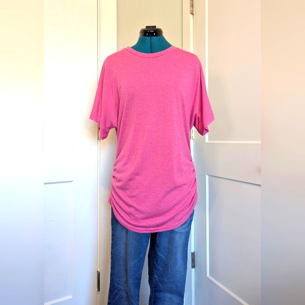 Womens Tunic T-shirt Large Pink Green Ruched Waist Dolman Sleeves Soft Stretchy